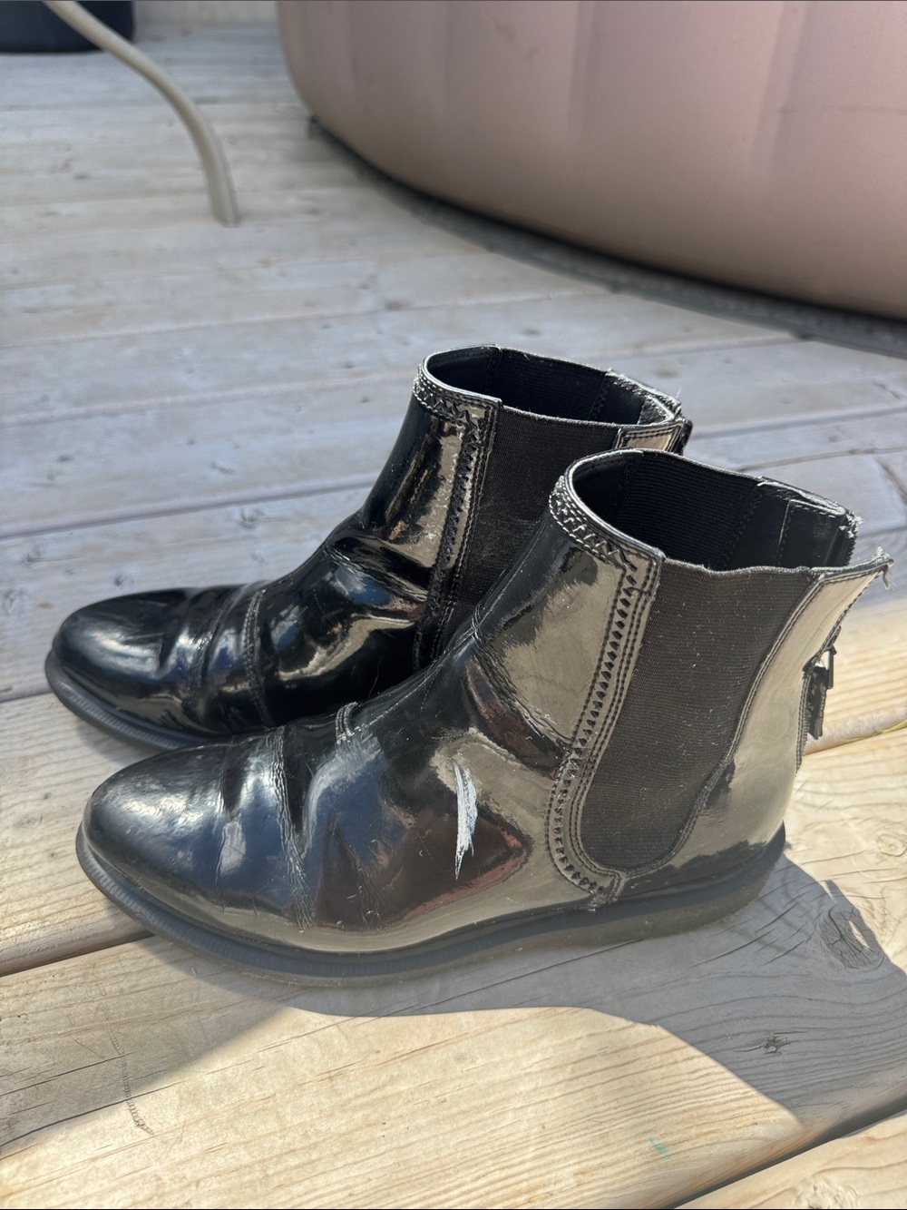 Dr Martens Zillow Patent Leather Chelsea Boots well loved with paint stain